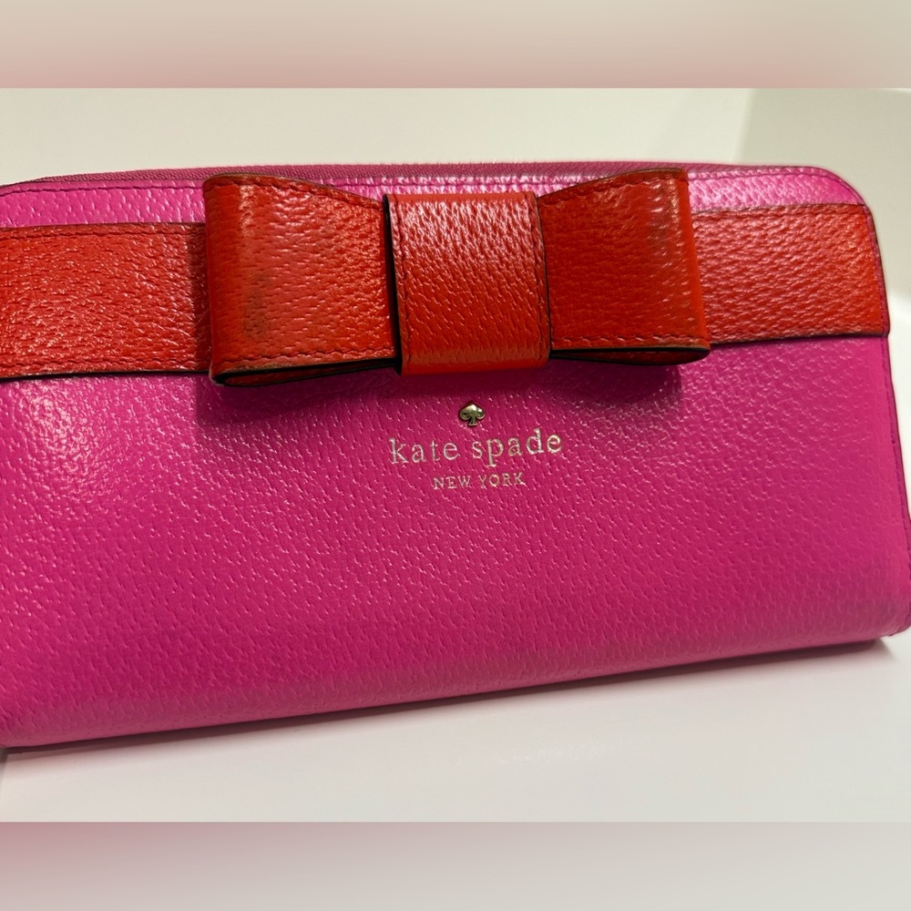 Kate Spade Colorblock Bow Leather Zip-Around Wallet | Bright Pink & Red - Picture 3 of 8